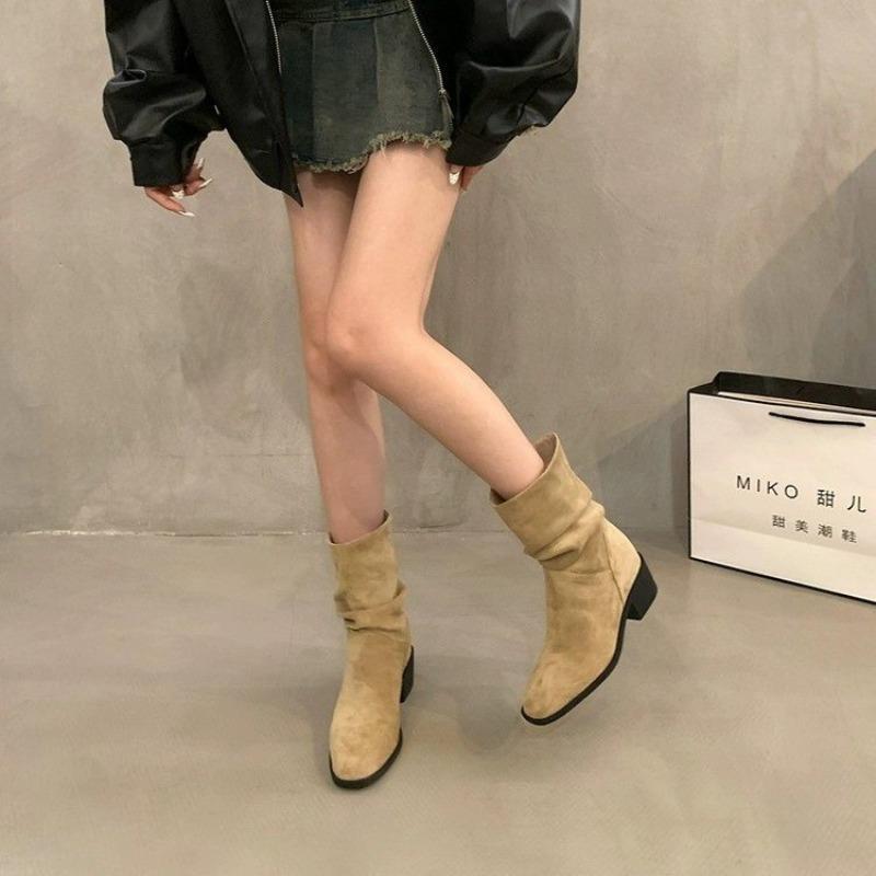 Retro Stacking Boots Women's Summer and Autumn New Thin Khaki Martin Boots Thick Heel Photo Cowboy Short Boots Women