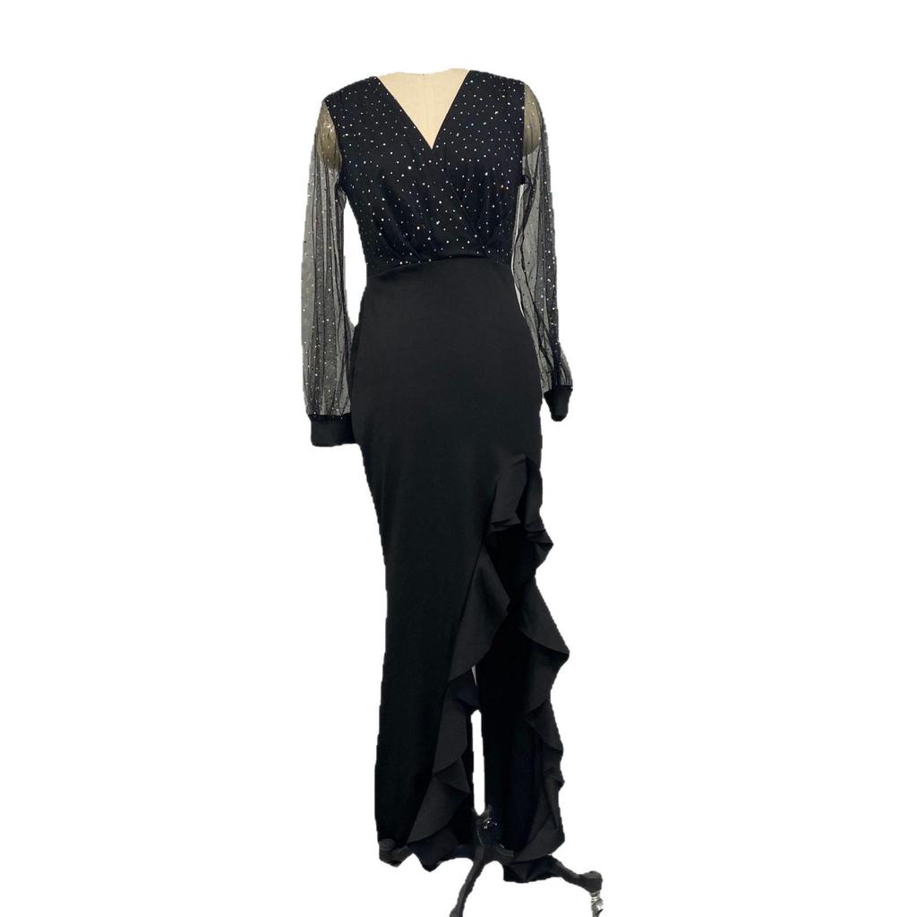 2025 Elegant Black Mesh Sequin Mid-Waist Long Skirt Dress