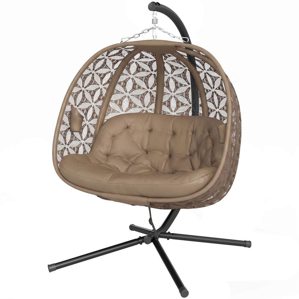 Outdoor Double Hanging Chair with Cushion and Cup Holders, Sand Brown
