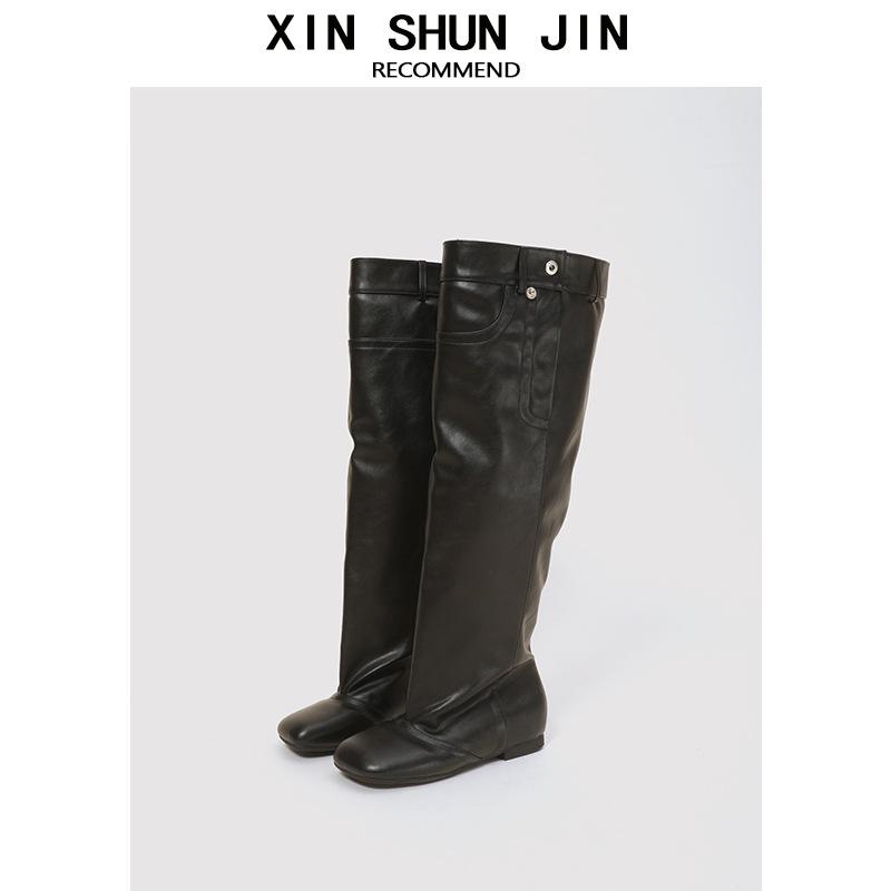 

European and American pleated and thin stacking boots, new trouser tube boots in the autumn of 2025, sleeve catwalk but knee fashion boots 40 чёрный