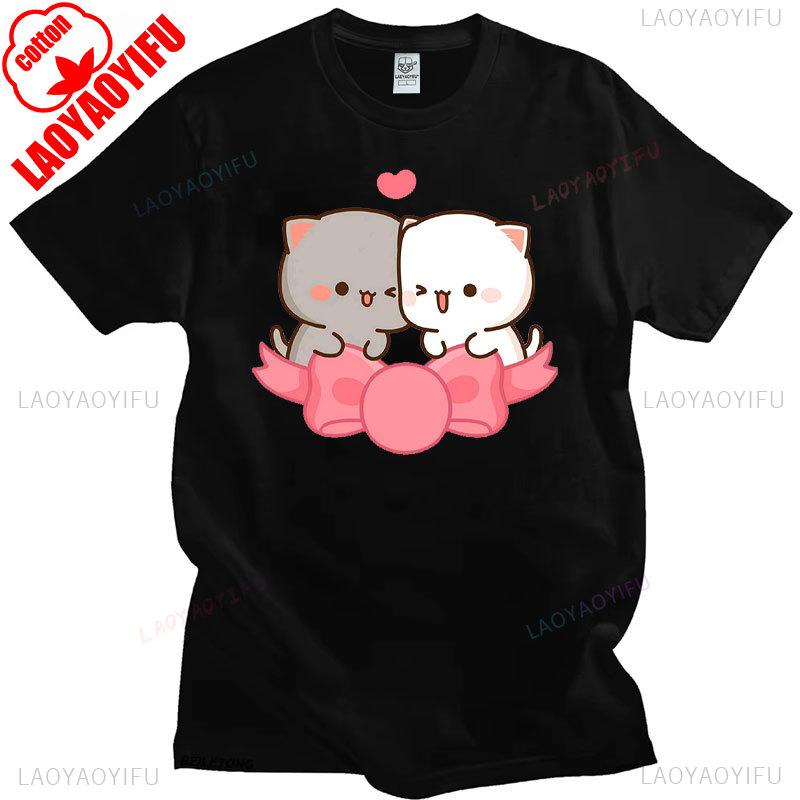 Pfirsich Katze Goma und Mochi Selfie T-Shirt Sommer Baumwolle Kurzarm T-Shirts Niedlicher Druck T-Shirt Mode Harajuku Lustige Partner Tops