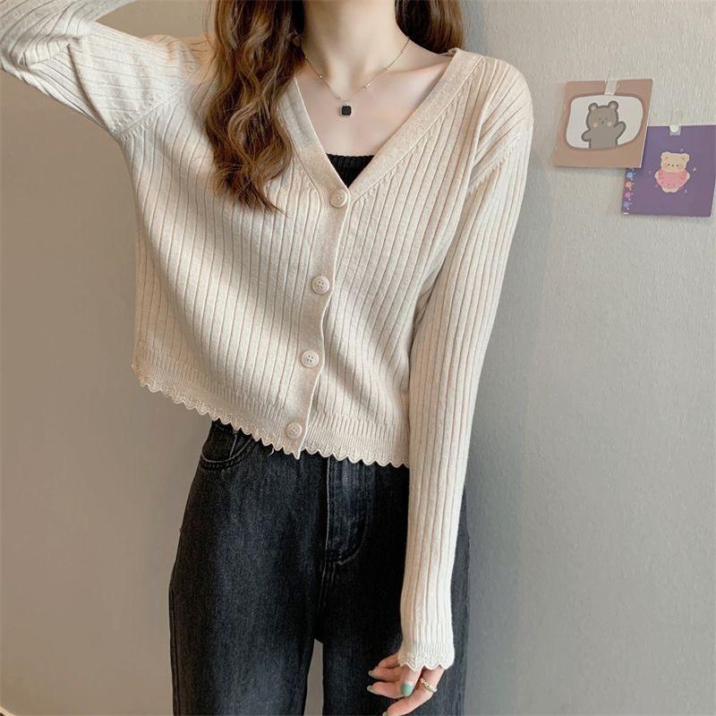 Womens V-Neck Ribbed Knit Cardigan Long Sleeve Slim Fit Outerwear Top Casual Korean Style