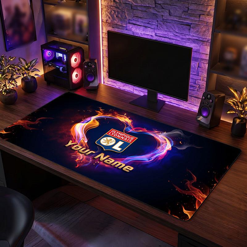 Lyon FC Custom Large Mouse Pad, Personalized Name Text Print, Football Logo Non‑Slip Desk Mat Gaming Gift