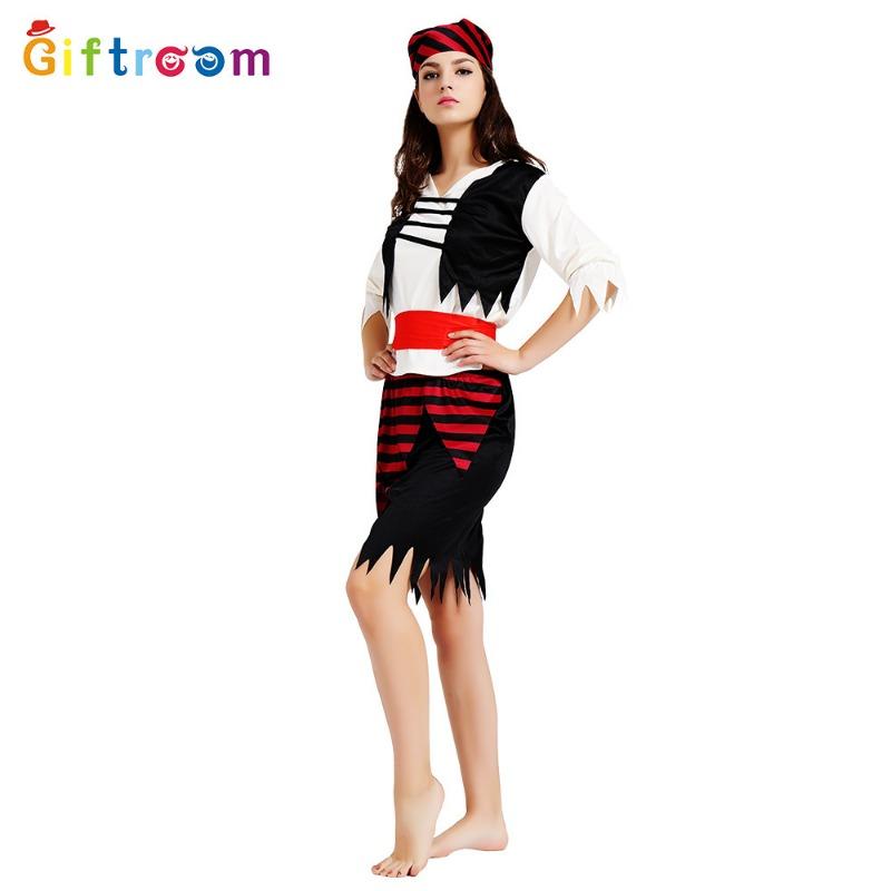 Pirates of the Caribbean Stage Performance Adult Female Red Black Stripe Irregular Skirt Skull Suit Performance Costume