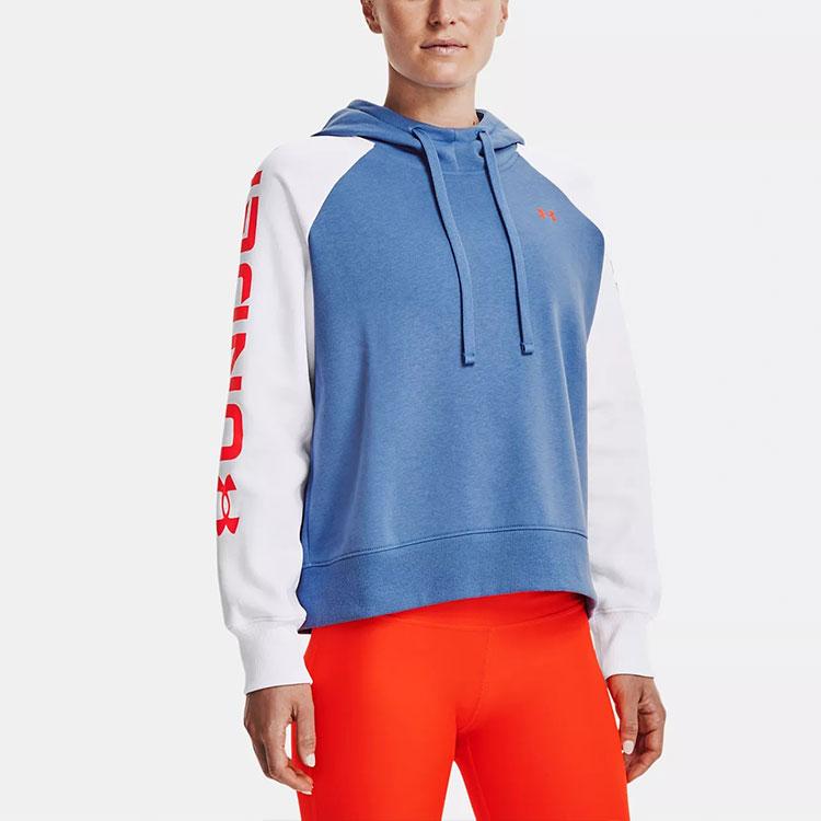 Under Armour Logo Pattern Color Block Loose Fleece American Hoodie Women hoodies Blue 1365861-488
