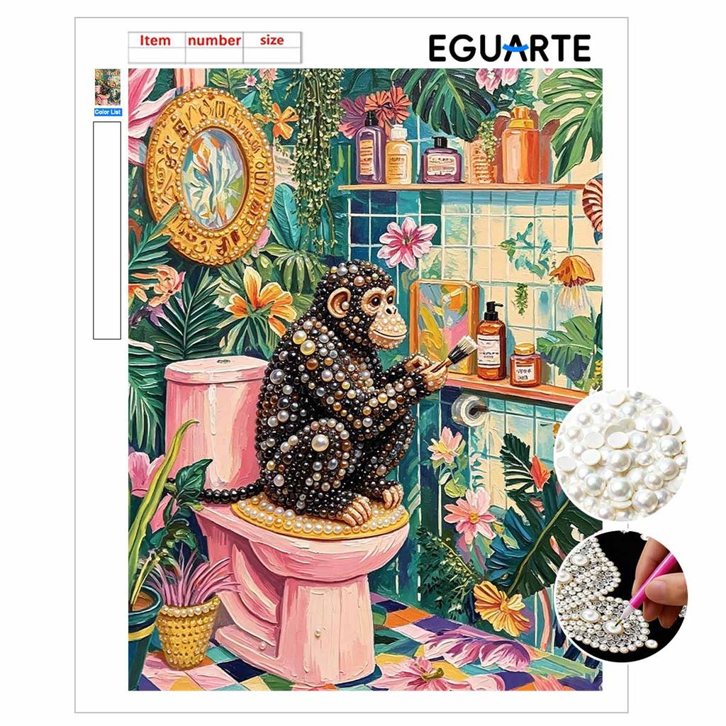 Elegant Framed Pearl Art DIY Set with Tropical Monkey Bathroom Design 5D Sparkling Bead Canvas Painting Ready to Display Romantic Home Decor Gift