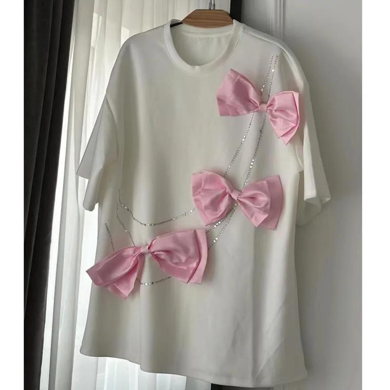3D Bowknot Solid Cotton T-shirt Women Sweet Rhinestone O-neck Short Sleeve Shirts Female New Spring Fashion Design Tops