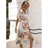 Women's Button Front Floral Short Sleeve Dress Waist Belt A-Line Casual Summer Midi