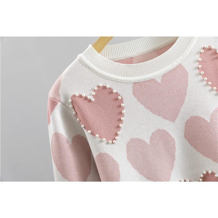 Vår og høst strikket dress for kvinner Kjærlighetsperler Temperament Mote Fresh College Style Strikkede toppbukser Todelt sett