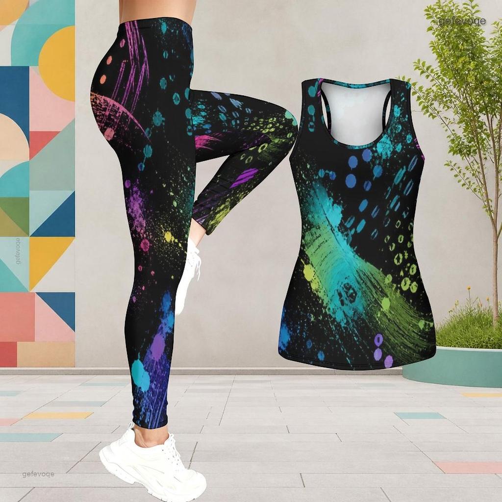 Womens Plus Size Two Piece Set Scoop Neck Sleeveless Printed Longline Tank Top And Fitted Pants