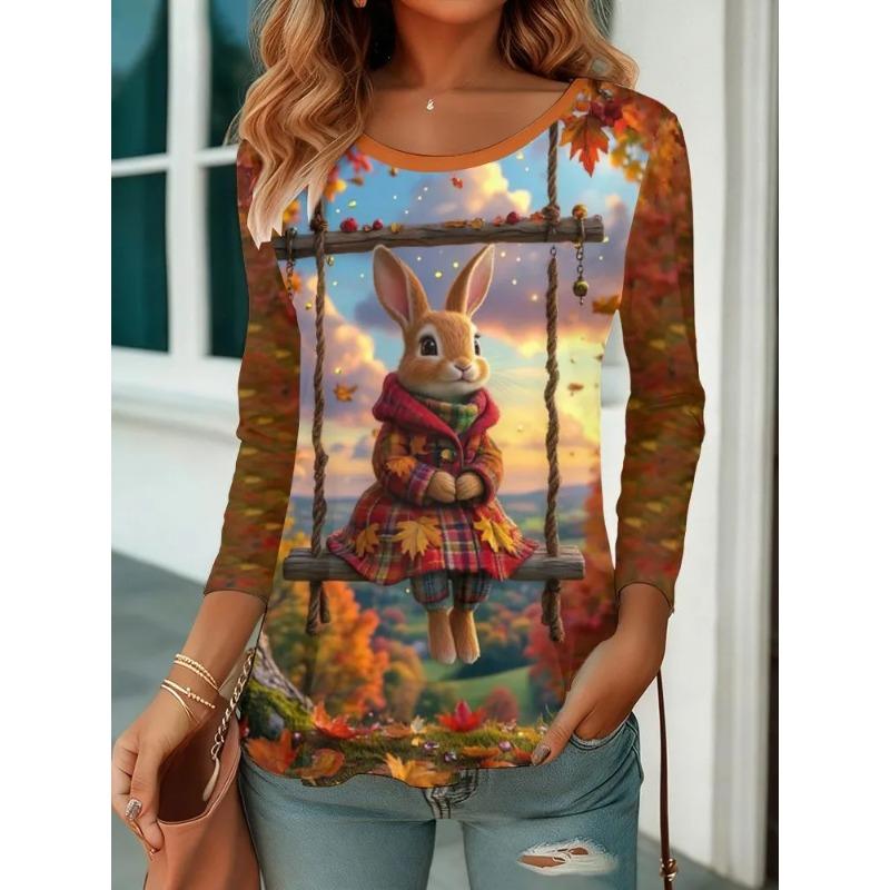 Autumn and Winter Women's Animal 3D Printed Crew Neck Long Sleeve T-Shirt