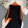 Herbst Winter Kontrast Farbe Gestrickte Pullover Trainingsanzug Volle Hülse Zipper Mantel Jacke und Knöchel-länge Hose Zwei Stück Set