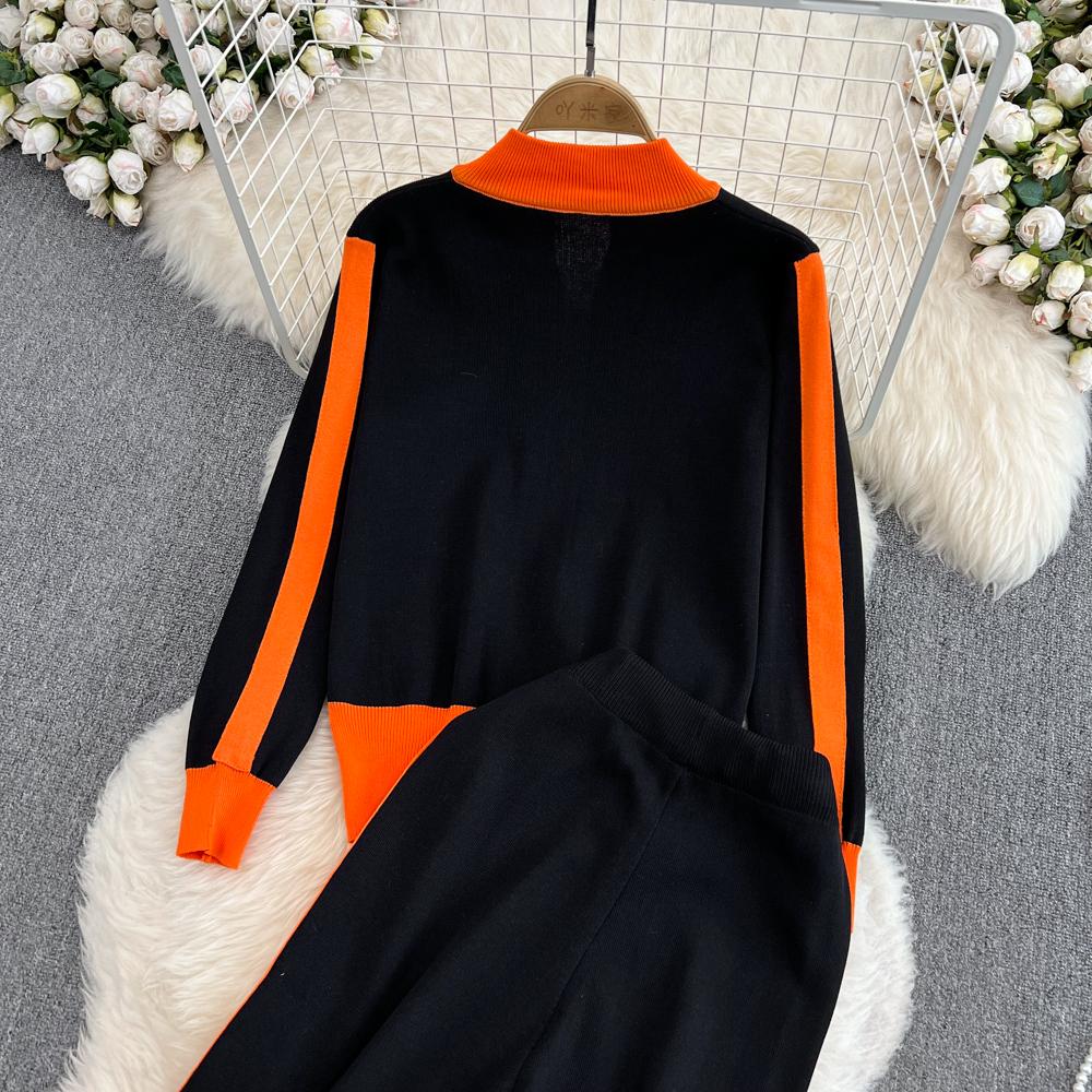Herbst Winter Kontrast Farbe Gestrickte Pullover Trainingsanzug Volle Hülse Zipper Mantel Jacke und Knöchel-länge Hose Zwei Stück Set