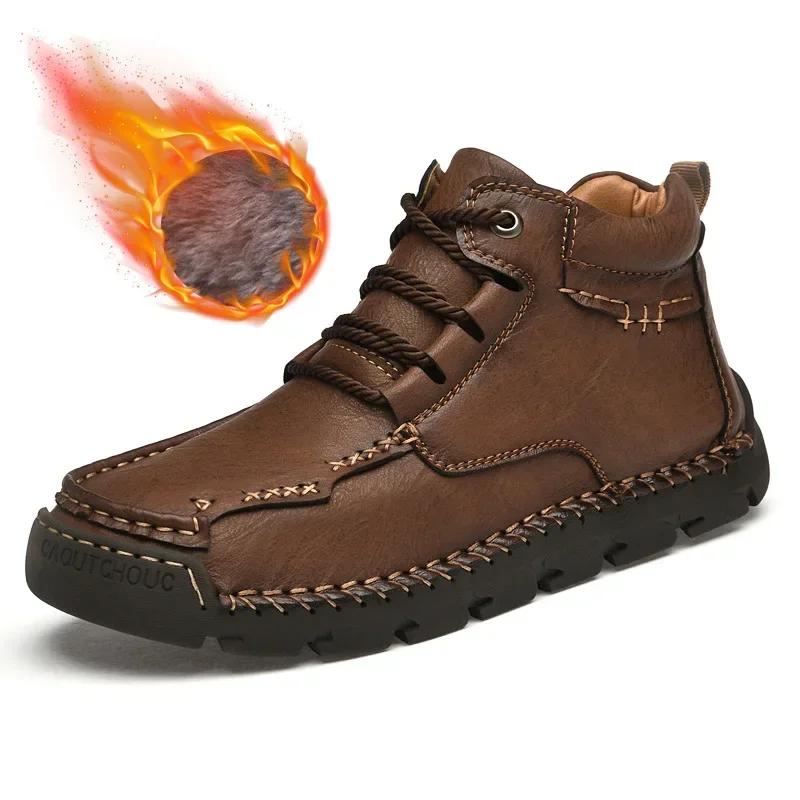 

Модные походные ботинки для мужчин, осенне-зимние ботинки для снега, дополнительные плюшевые высокие мужские туфли, сшитые вручную кожаные ботинки 2024 39