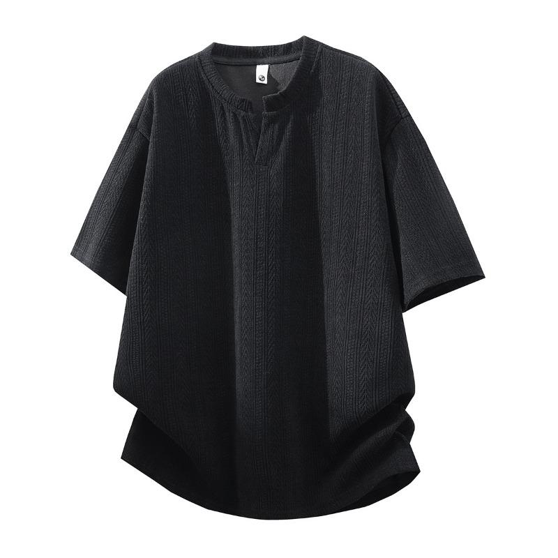 Mens Black Textured Knit Henley Neck Short Sleeve T-Shirt M чёрный