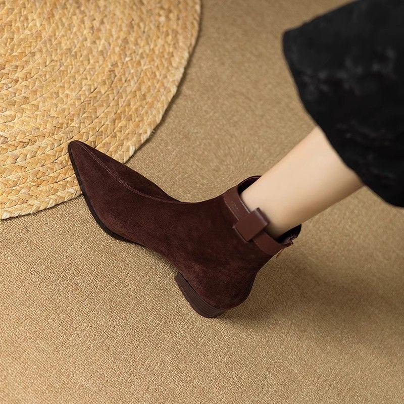 Women's Suede Retro Western Chunky Heel Ankle Boots - Soft Leather Pointed Toe Chelsea Style