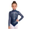 Dívčí trikot s rolákem a dlouhým rukávem, síťované díly, třpytivé kamínky, skrytý zip na zádech, gymnastický body