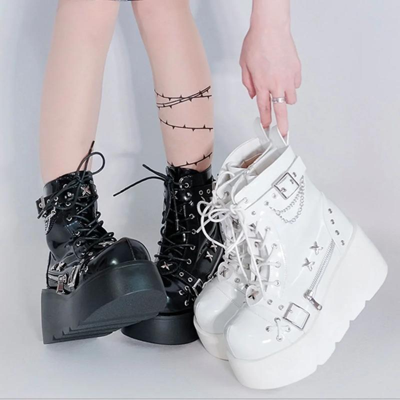 Botas de Plataforma Góticas Vampiro Cosplay Femininas de Cano Médio 2024 Inverno Cunhas Confortáveis Botas de Motocicleta Femininas