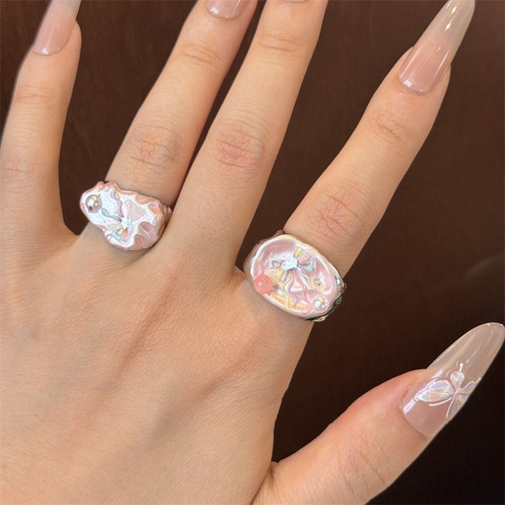 Adjustable Enamel Drip Oil Ring Cartoon Flower Cuff Ring Pink Opening Ring  Festival Ornaments