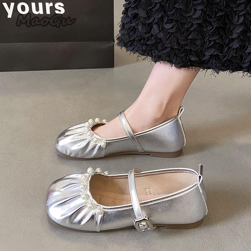 Modische französische Mary Jane Schuhe Perlenverzierung Schnallenriemen Runde Zehenpartie Flache Niedrigabsatz-Pumps Weiche Sohle Ballerinas Damenschuhe Größe 35-42