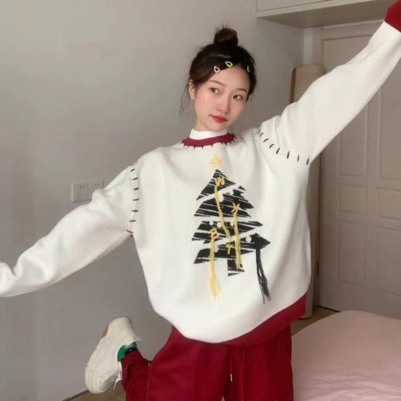 

Женский рождественский жаккардовый свитер с кисточками, ленивый стиль, свободный, с круглым вырезом, вязаный свитер, осень, однотонный, универсальный женский пуловер Onesize белый