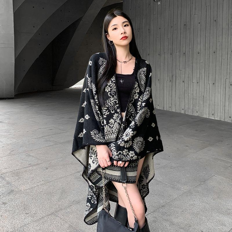 Women Scarf Daily Wear Oversized Poncho Cape Ethnic Flower Print Soft Cashmere Touch Blanket Shawl Travel Warm Wrap Scarves