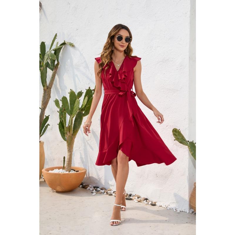 Women's Waist Waist Sexy V-neck Dress Leisure Vacation Travel Dress Sleeveless Split Dress