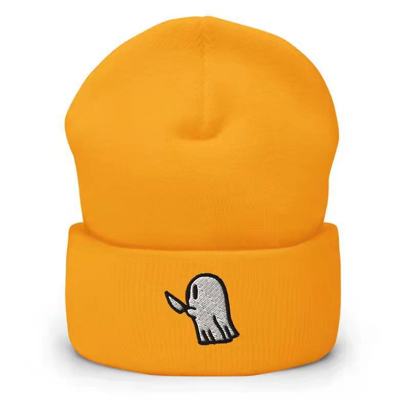 Unisex Student Hip-hop Cute Cartoon Hat with Ghost Embroidery, Knitted Beanie, Outdoor Sports Warm Hat