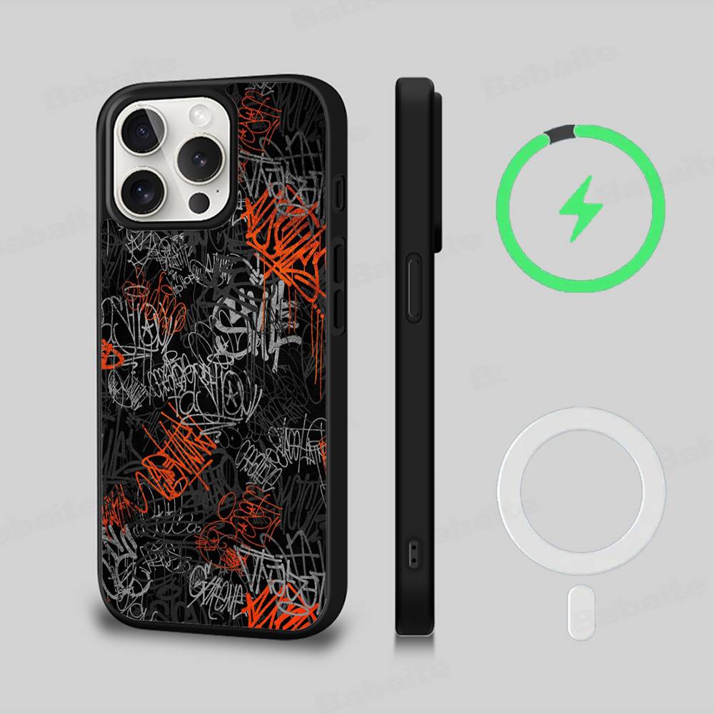 Cool Black Graffiti Phone Case For iPhone 13 14 15 11 12 16 17 Pro Max Plus For Magsafe Magnetic Shell