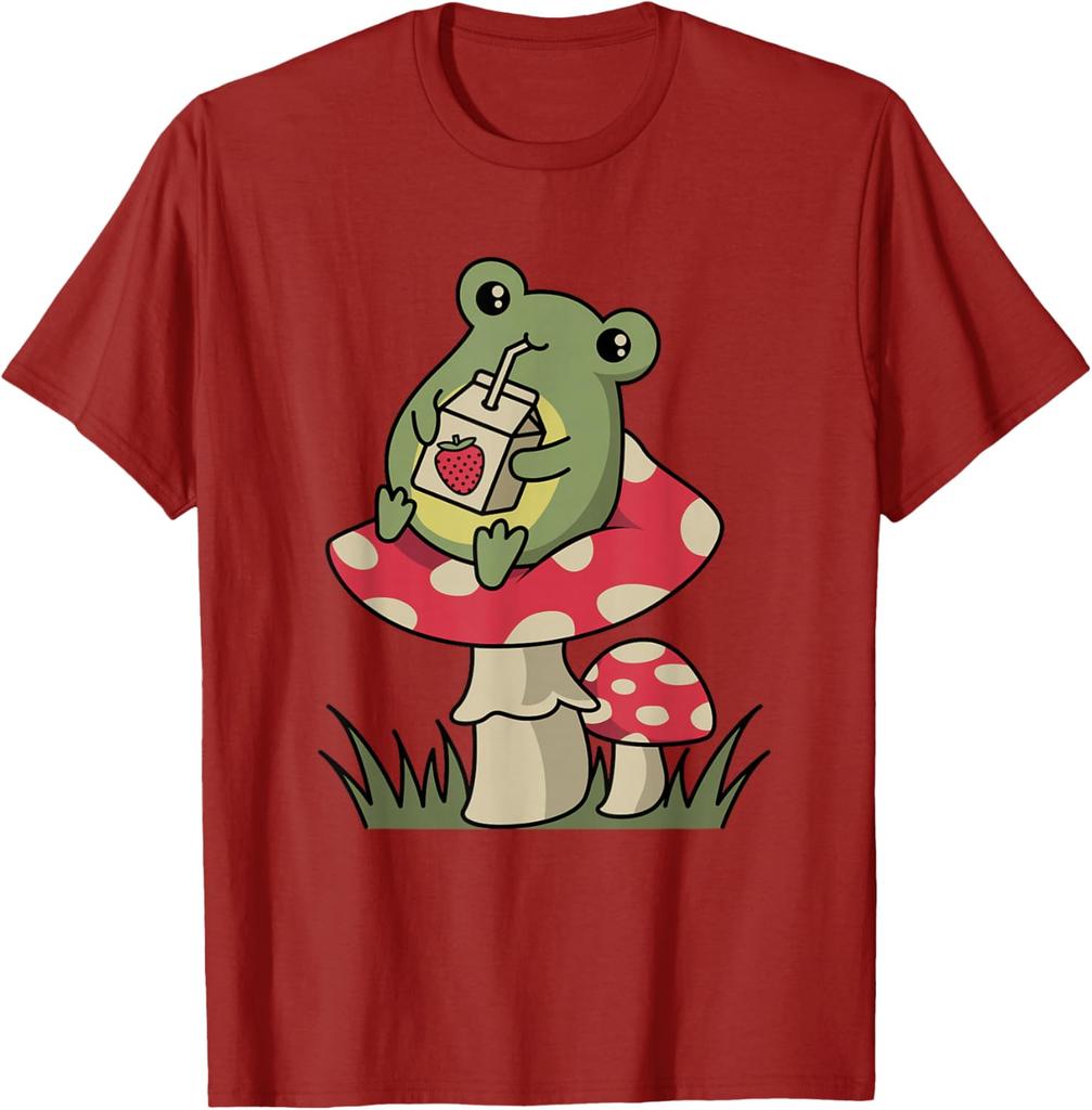 Cottagecore Frog Drinking Strawberry Milk Mushroom Graphic Tee Soft Casual Cotton T-Shirt for Unisex