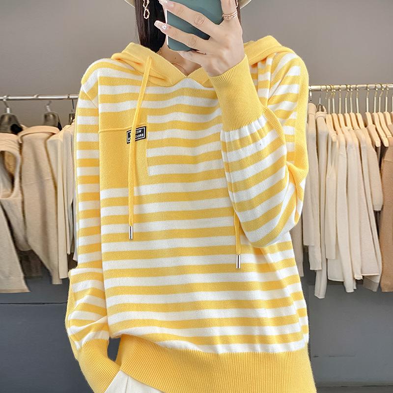 Autumn Fashion Hooded Sweater Women's Striped Colorblocking Casual Hooded Knit Top