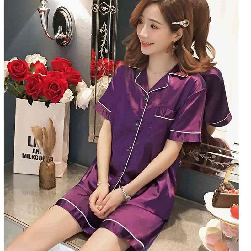 Women's Ice Silk Short Sleeved Shorts Pajama Set Imitation Silk Lapel Cardigan Home Clothes Lightweight And Breathable Two-piece Set