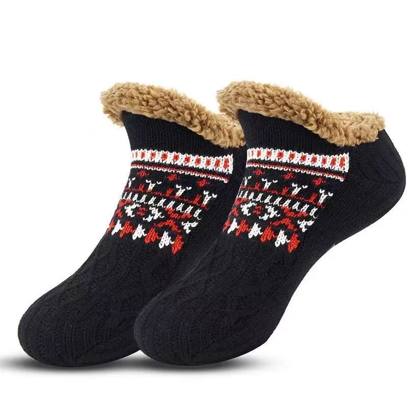 

Winter Warm Non-slip Floor Socks Thermal Anti-Cold Thickened Plush Knitted Slippers Socks Women Men Christmas Home Wear Socks S чёрный
