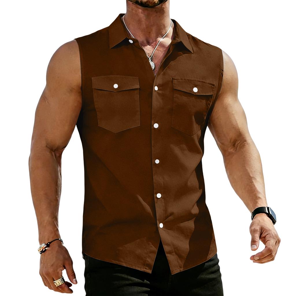 Men's Workwear Lapel Button-Down Vest Shirt - Lightweight Sleeveless Top