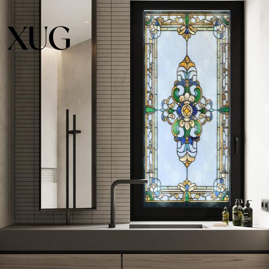 Waterproof Window Decal Privacy Film Vintage Stained Glass Style Static Cling Reusable Decorative Sticker for Cabinet Bathroom Kitchen Door