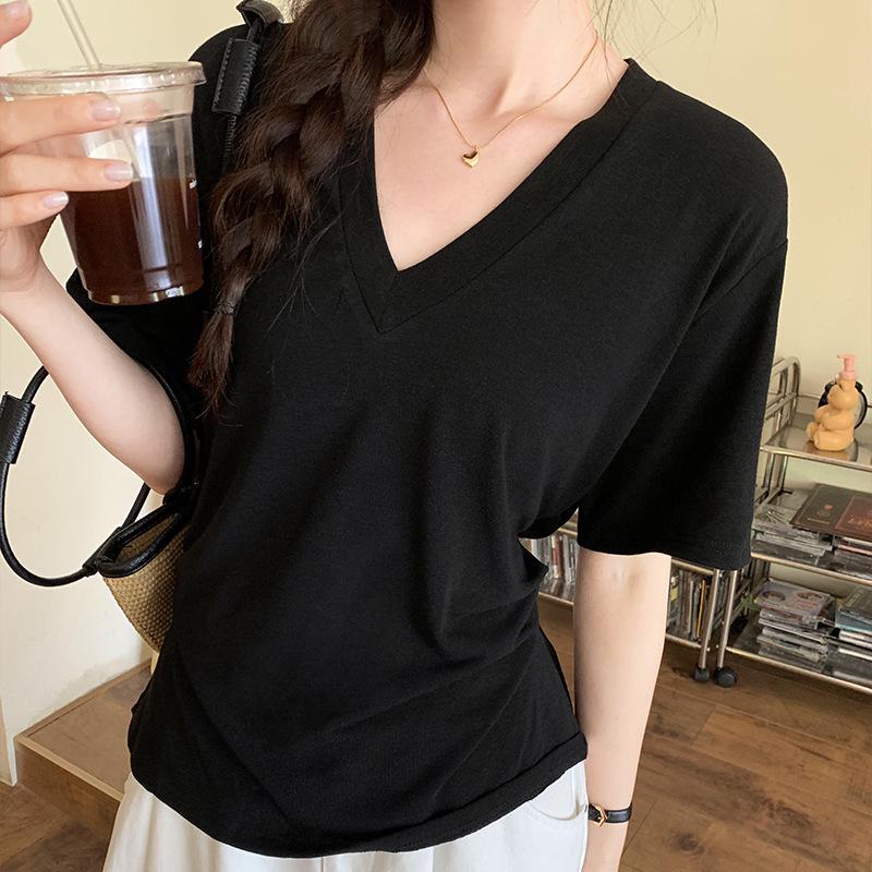 V-Neck Soft, Skin-Friendly Short-Sleeve T-Shirt with Back Waist Tie - Women's Summer 2026 New Style