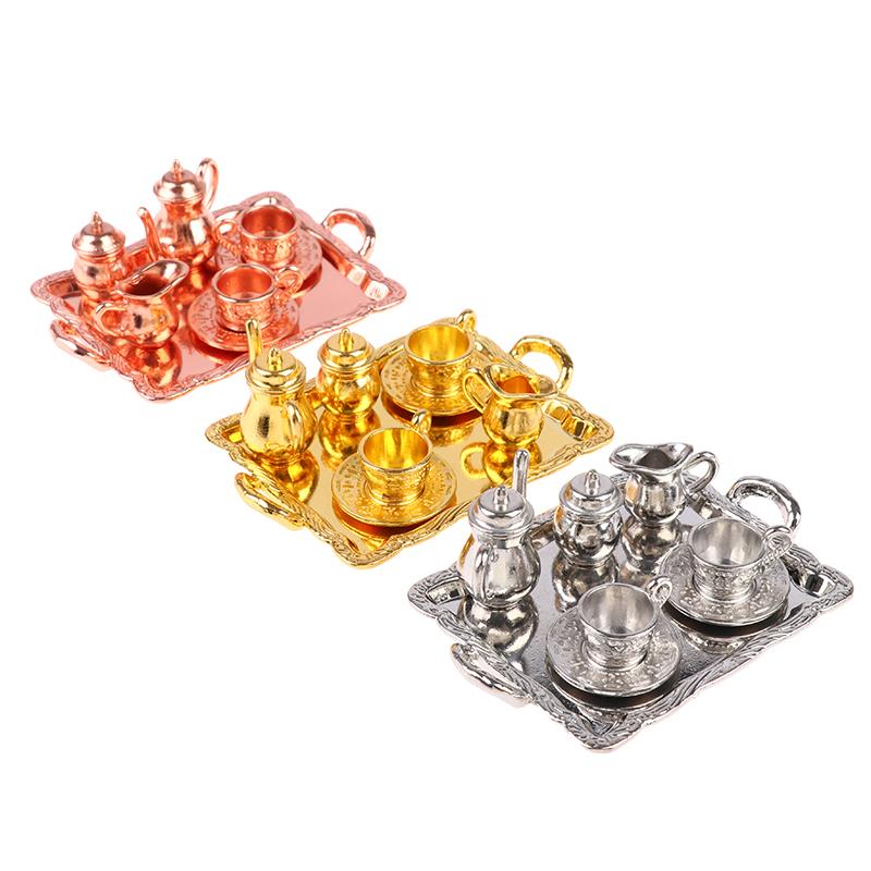 8Pcs/Set Dollhouse Miniature Square Plate Metal Wine And Tea Set