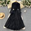 Frenchic Vintage Maxi Dress Women Stand Collar Lantern Sleeve Lace-up Female A-line Elegant Dresses Spring Autumn
