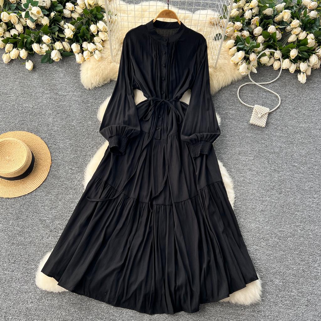 Frenchic Vintage Maxi Dress Women Stand Collar Lantern Sleeve Lace-up Female A-line Elegant Dresses Spring Autumn