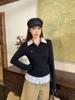 Plus Size Women's Polo Collar Long Sleeve Patchwork T-shirt with Tie-up Waist
