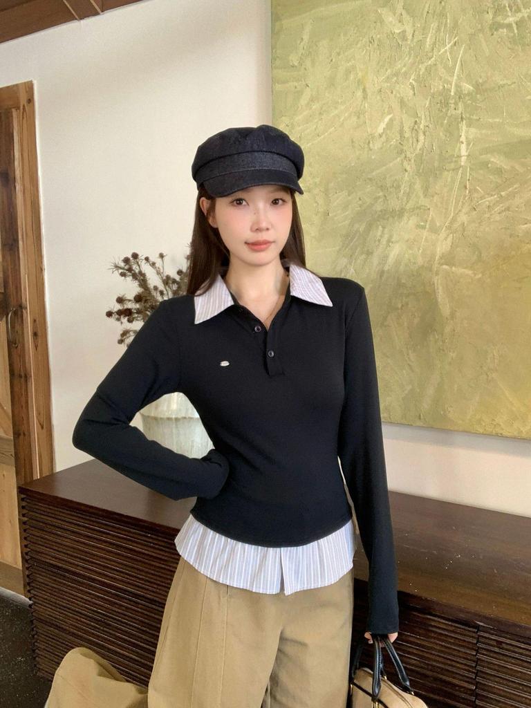 Plus Size Women's Polo Collar Long Sleeve Patchwork T-shirt with Tie-up Waist