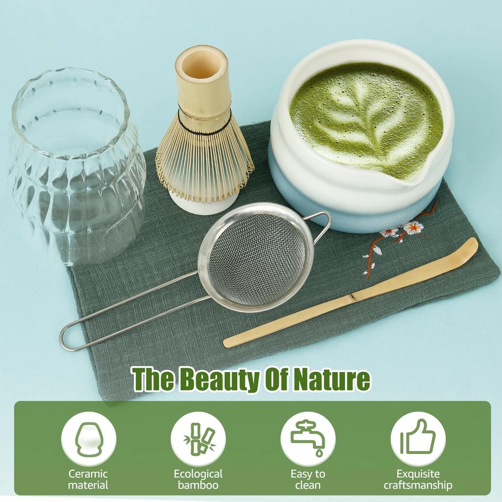 7 Pcs Matcha Whisk Set for Beginners Elegant Bamboo Japanese Matcha Tea Making Kit with Whisk Holder Scoop Sifter for Tea Lovers