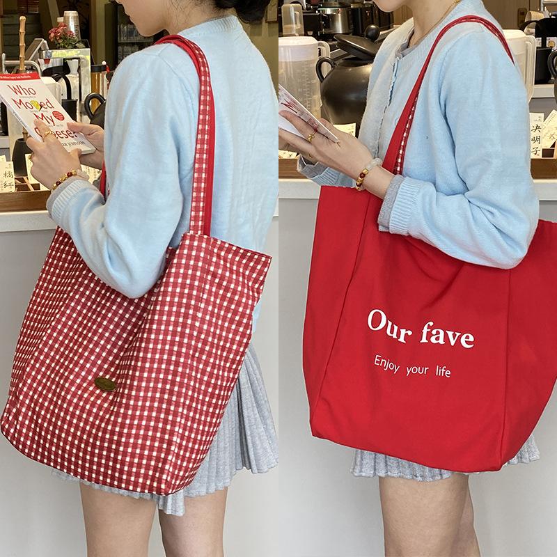 

Women s Literary Style Plaid Print Bag, Shoulder Bag, Portable Bag, Handbag 38 * 28 * 13CM червоний
