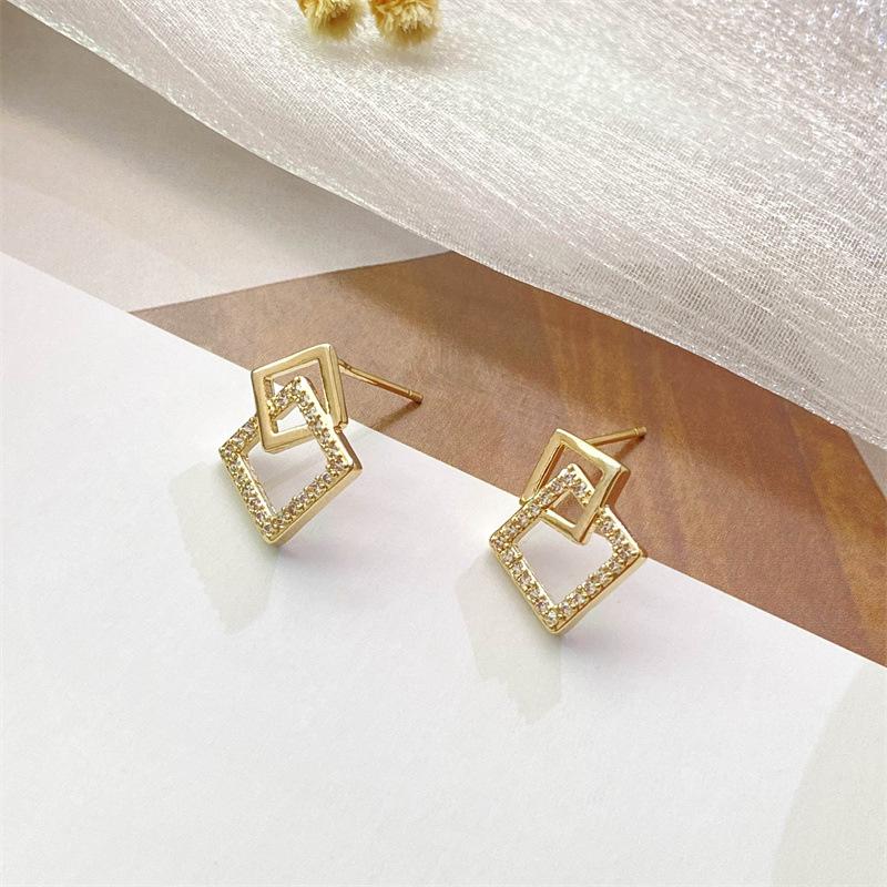 Koreanische Geometrische Doppellagige Rhombus Ohrringe für Frauen Goldfarbe Kristall Temperament Ohrring 2025 Mode Zirkonia Geschenk