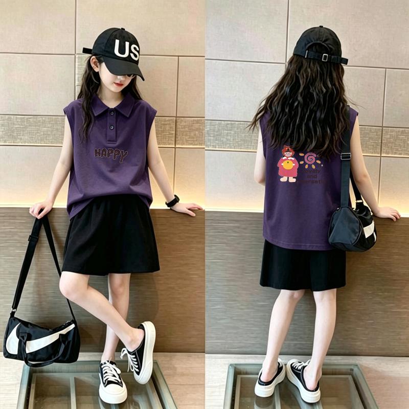 Girls' Korean Style Cotton Polo Collar Vest - Summer New Arrivals, Medium & Large Sizes, Casual Sleeveless Lapel T-shirt