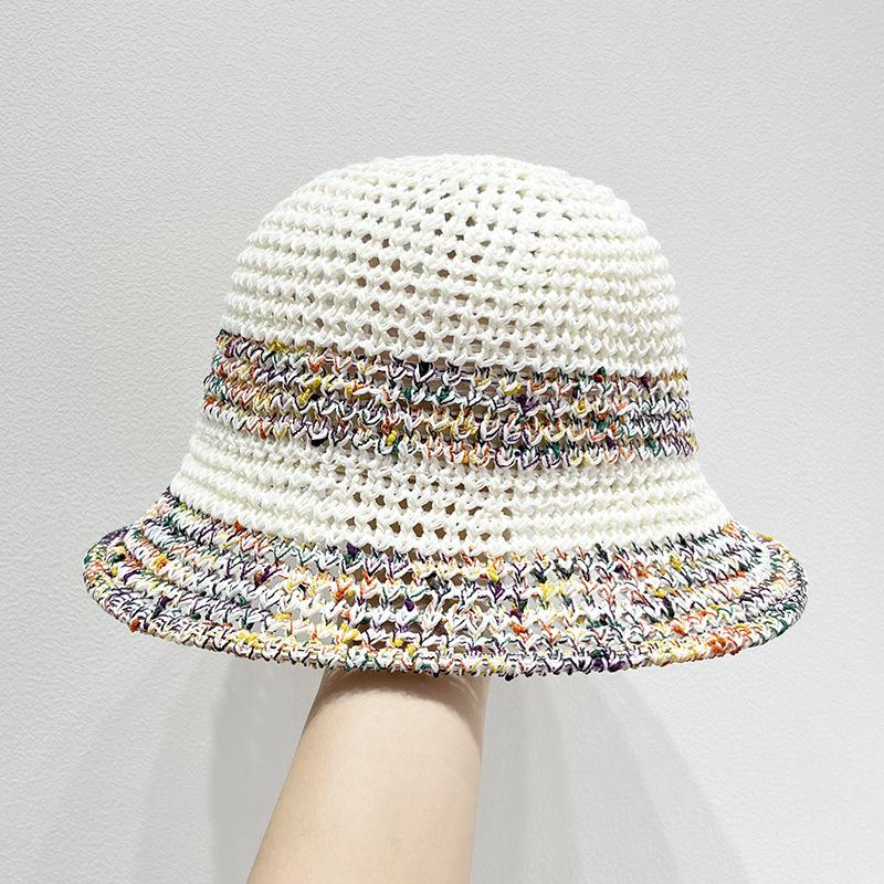 

Летняя женская вязаная шляпа-рыбачка, ажурная, солнцезащитная и затеняющая, красочная соломенная шляпа one size молочный белый
