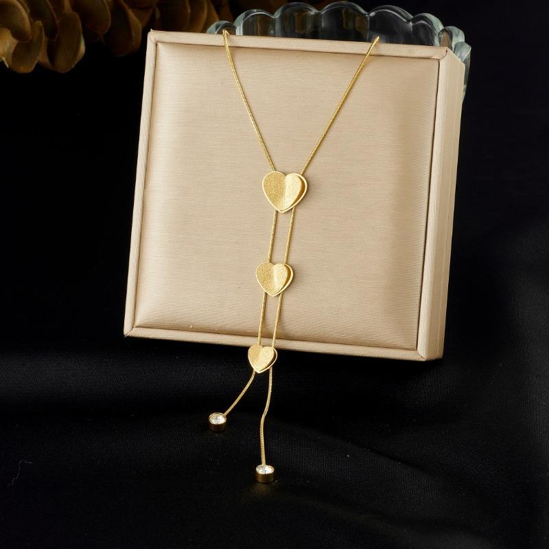 Gold Plated Y-Drop Lariat Necklace with Heart Charms CZ, Dainty Adjustable Snake Chain for Women, Romantic Daily Jewelry