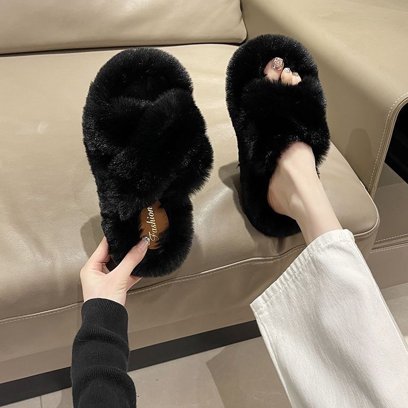 New Winter Women House Slippers Plush Open Toe Faux Fur Fluffy House Flats Shoes Cross Band Soft Warm Comfy Cozy Bedroom Slippers