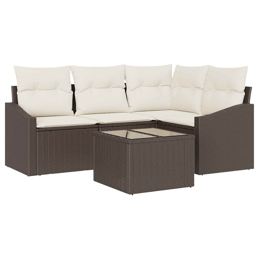 5 Piece Brown Poly Rattan Sofa Set with Cushions