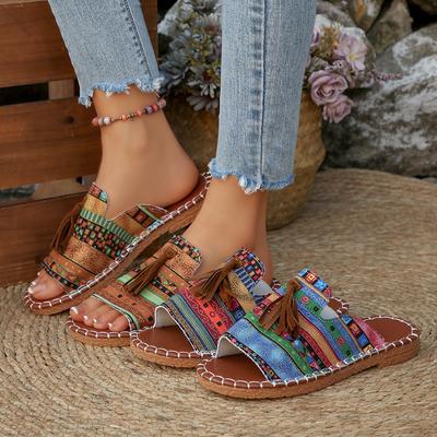 Bohemian Flat-bottomed Slippers Women's 2025 Summer New Famous Style Fringed Beach Sandals Large Size Women's Slippers